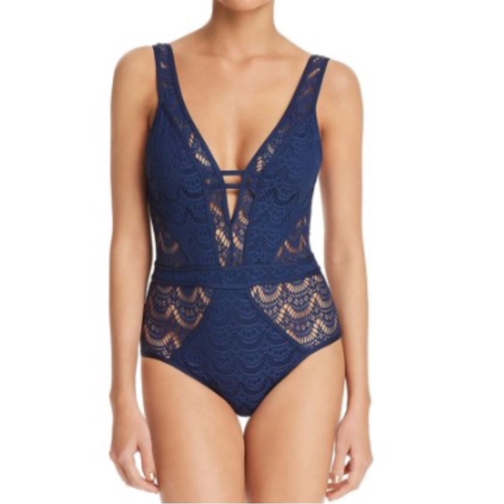 BECCA Color Play Crochet Plunge One-Piece Navy